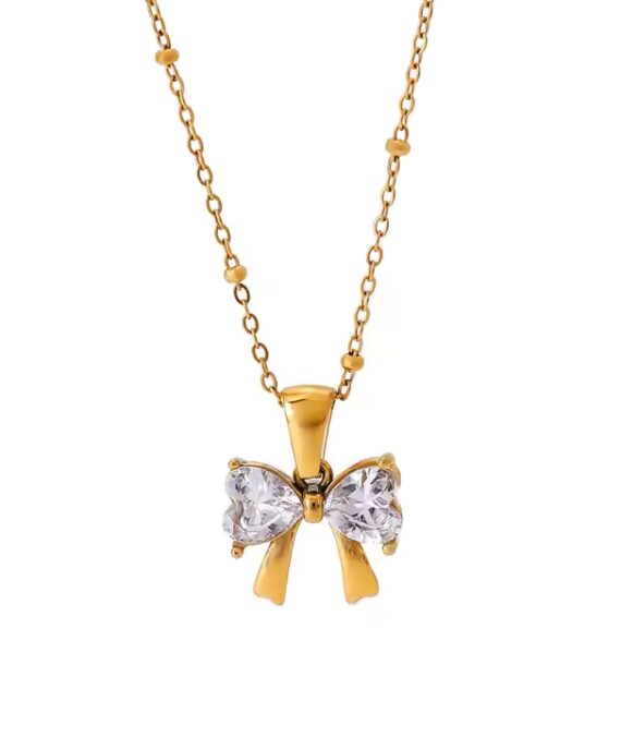 stainless steel 18k gold plated crystal bow necklace
